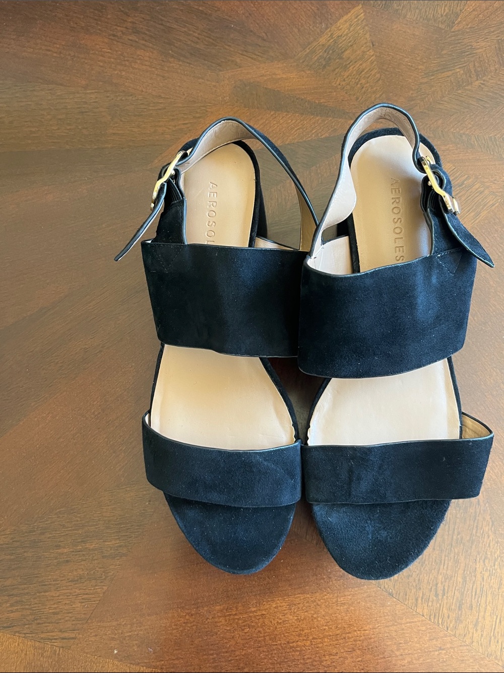 AEROSOLES Black Suede Two-Strap Ankle Buckle Sandals